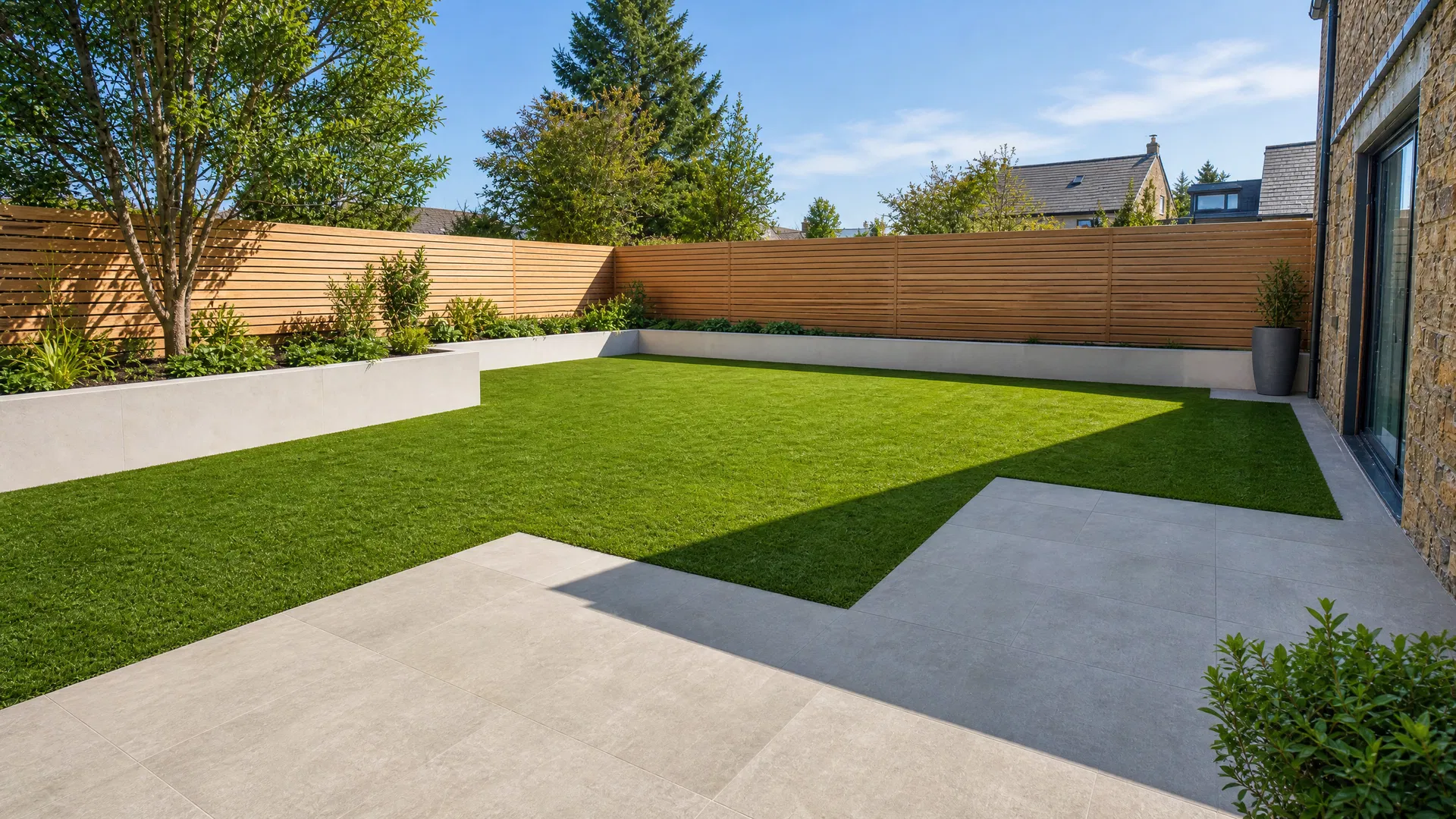 Stunning landscaped garden with horizontal slat fencing and porcelain patio