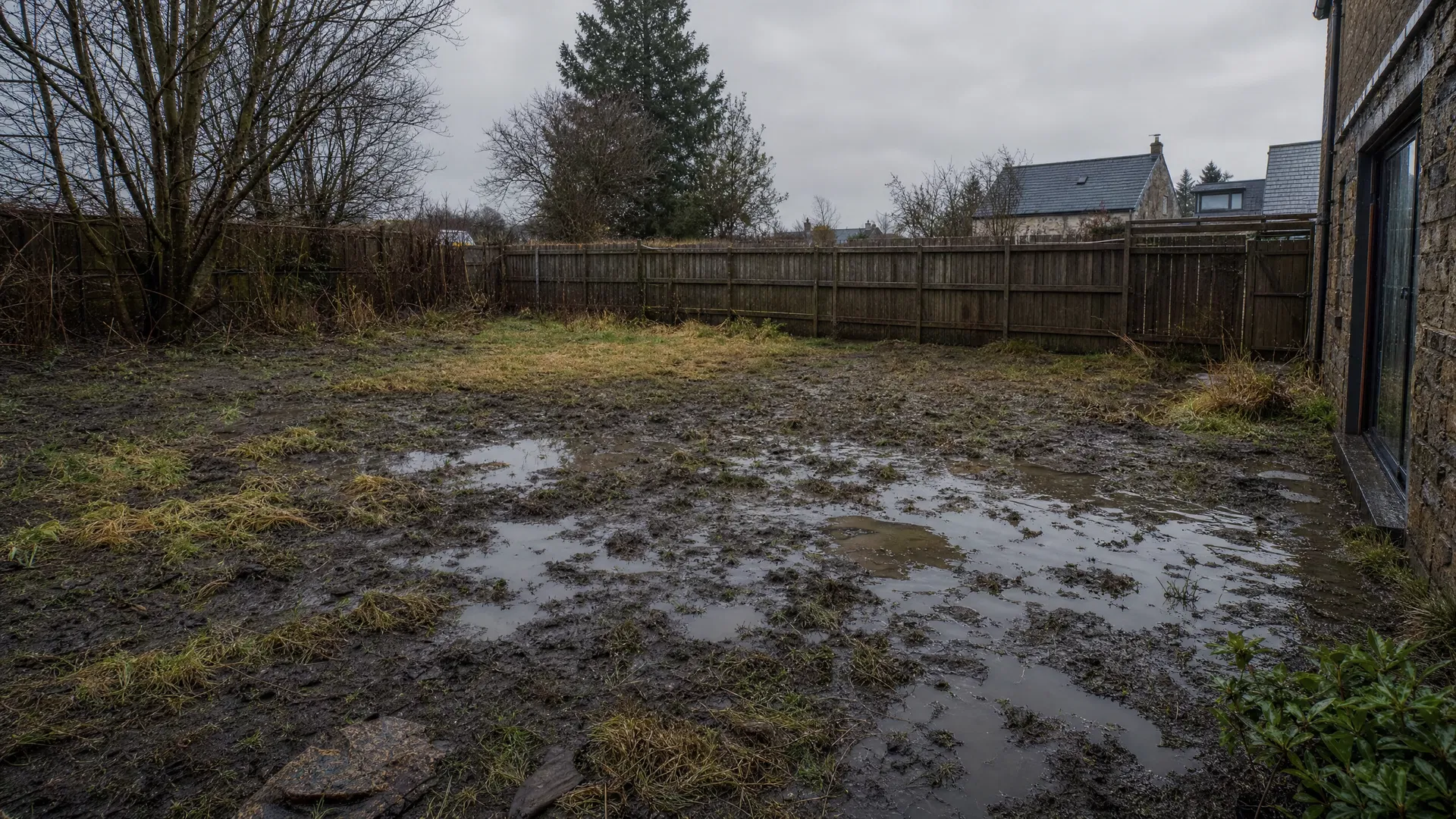 Before garden transformation — soggy, flooded lawn